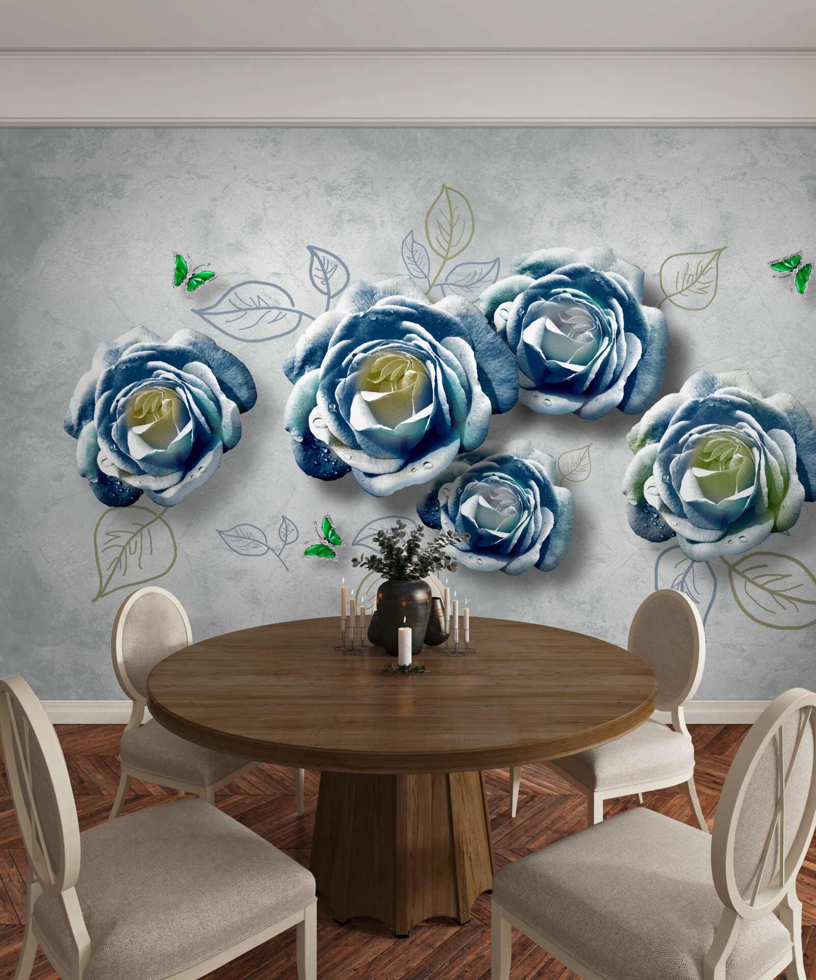 Papier peint roses avec une coloration bleu-blanc inhabituelle