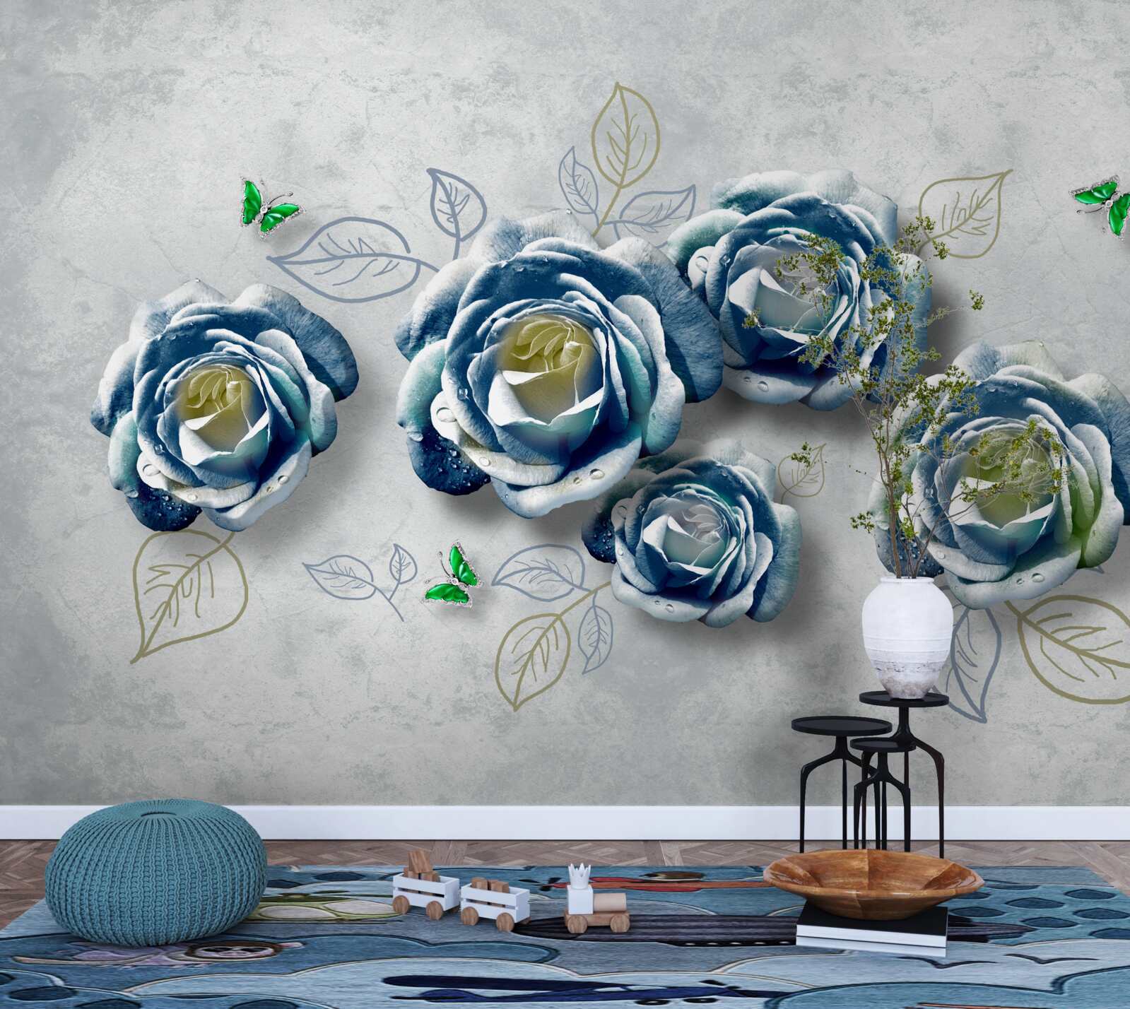 Papier peint roses avec une coloration bleu-blanc inhabituelle