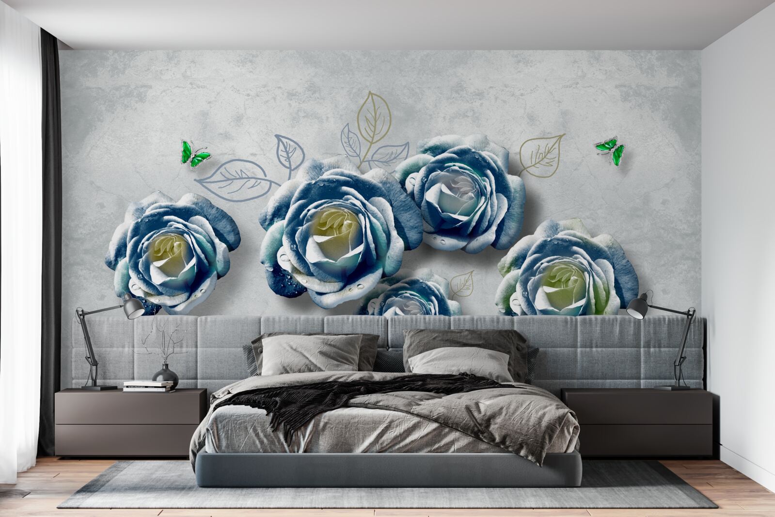 Papier peint roses avec une coloration bleu-blanc inhabituelle