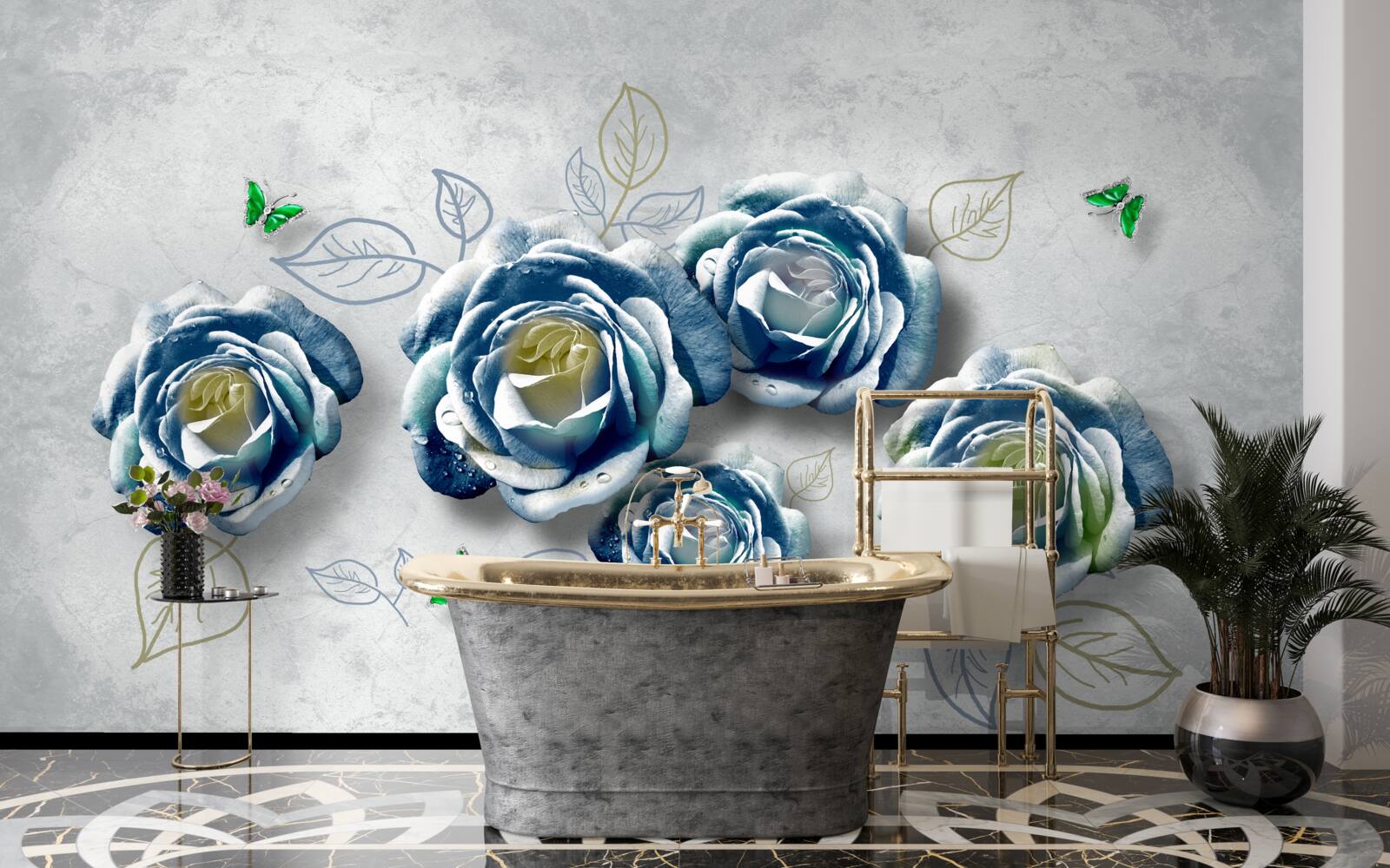 Papier peint roses avec une coloration bleu-blanc inhabituelle