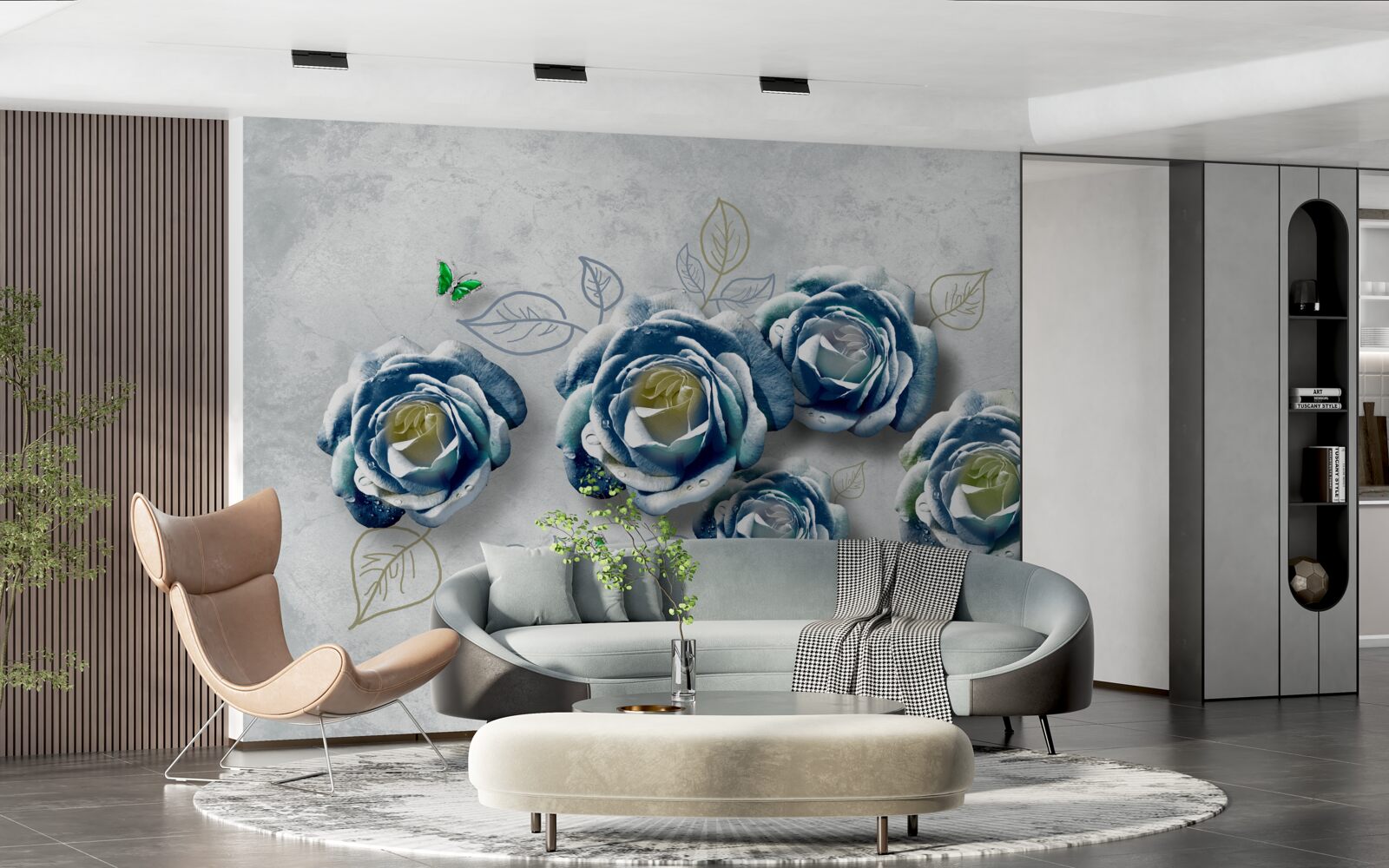 Papier peint roses avec une coloration bleu-blanc inhabituelle