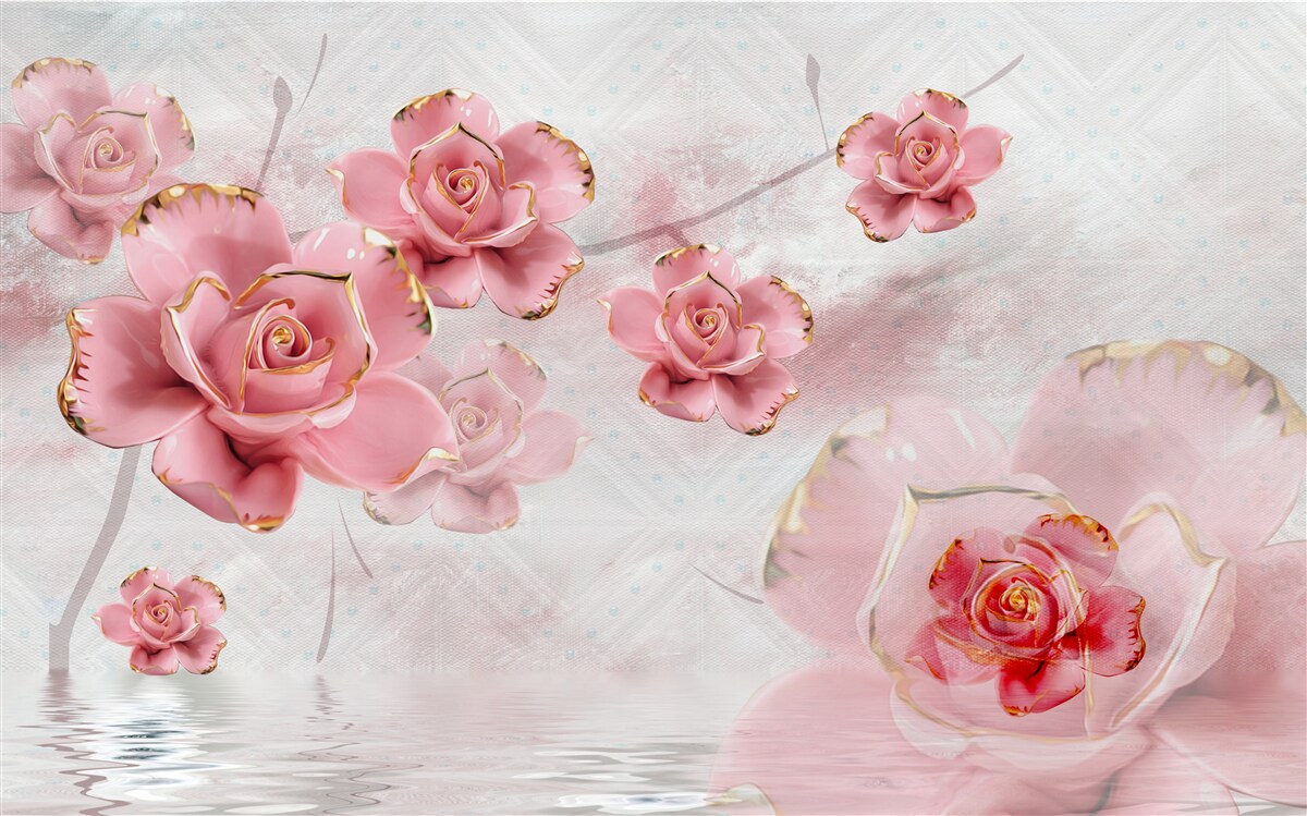 Papier peint roses avec bordures en or rose