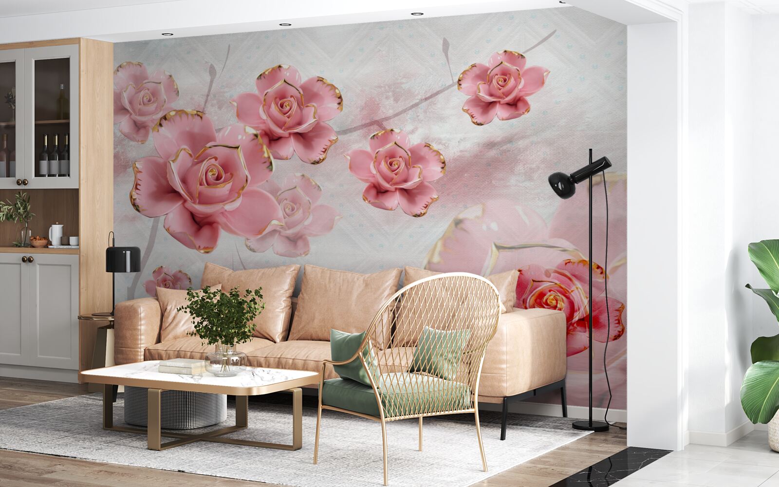 Papier peint roses avec bordures en or rose