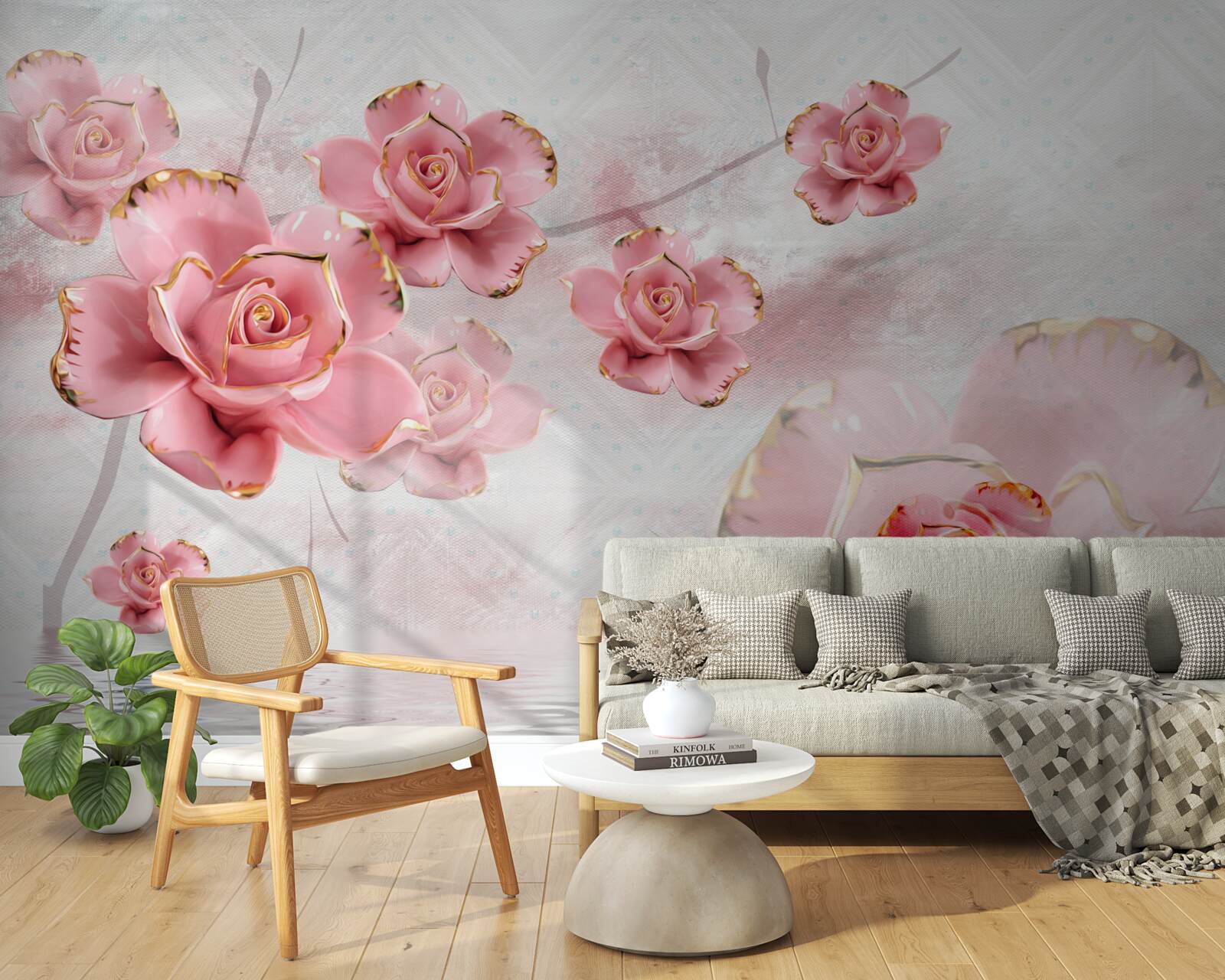 Papier peint roses avec bordures en or rose