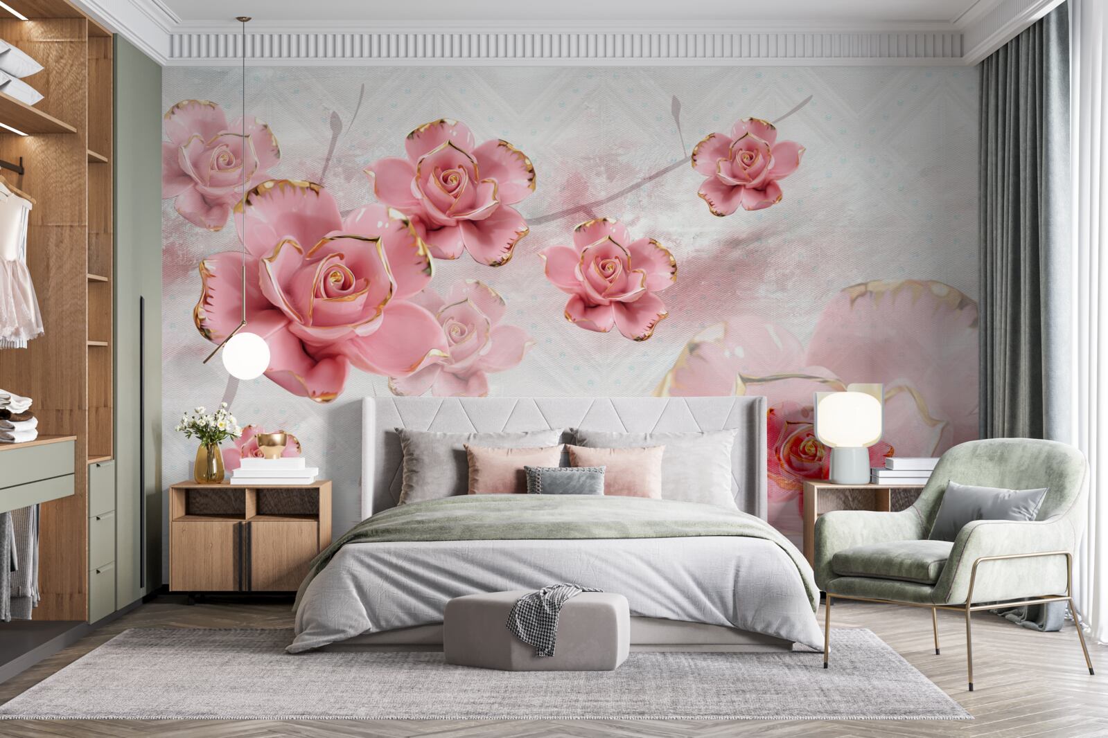 Papier peint roses avec bordures en or rose