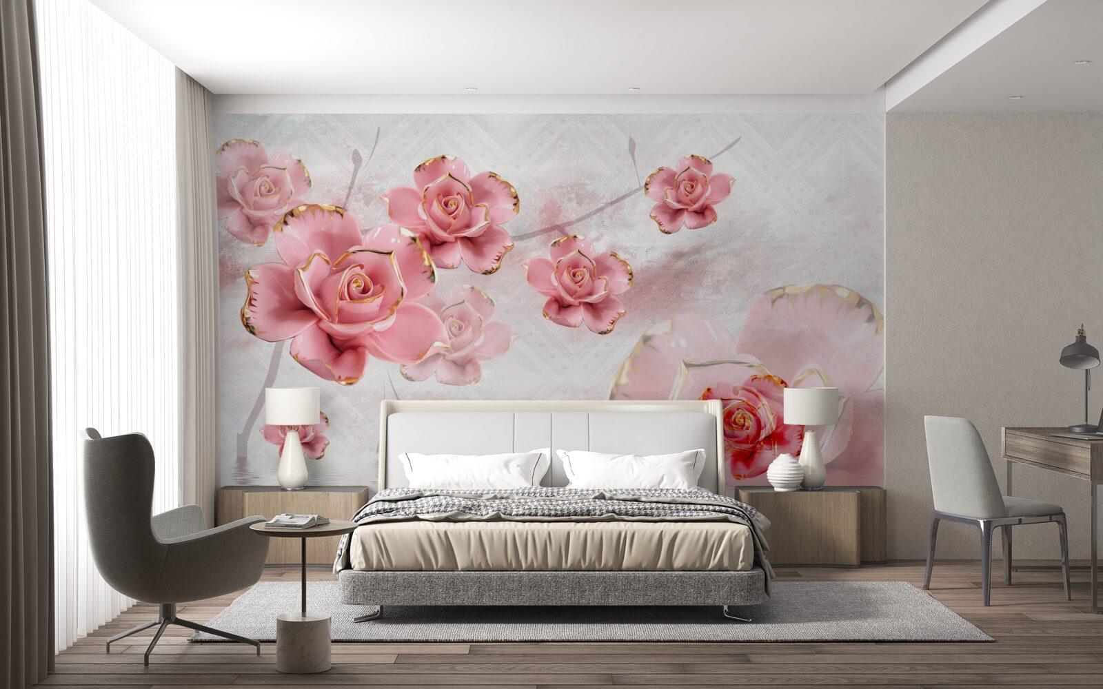 Papier peint roses avec bordures en or rose