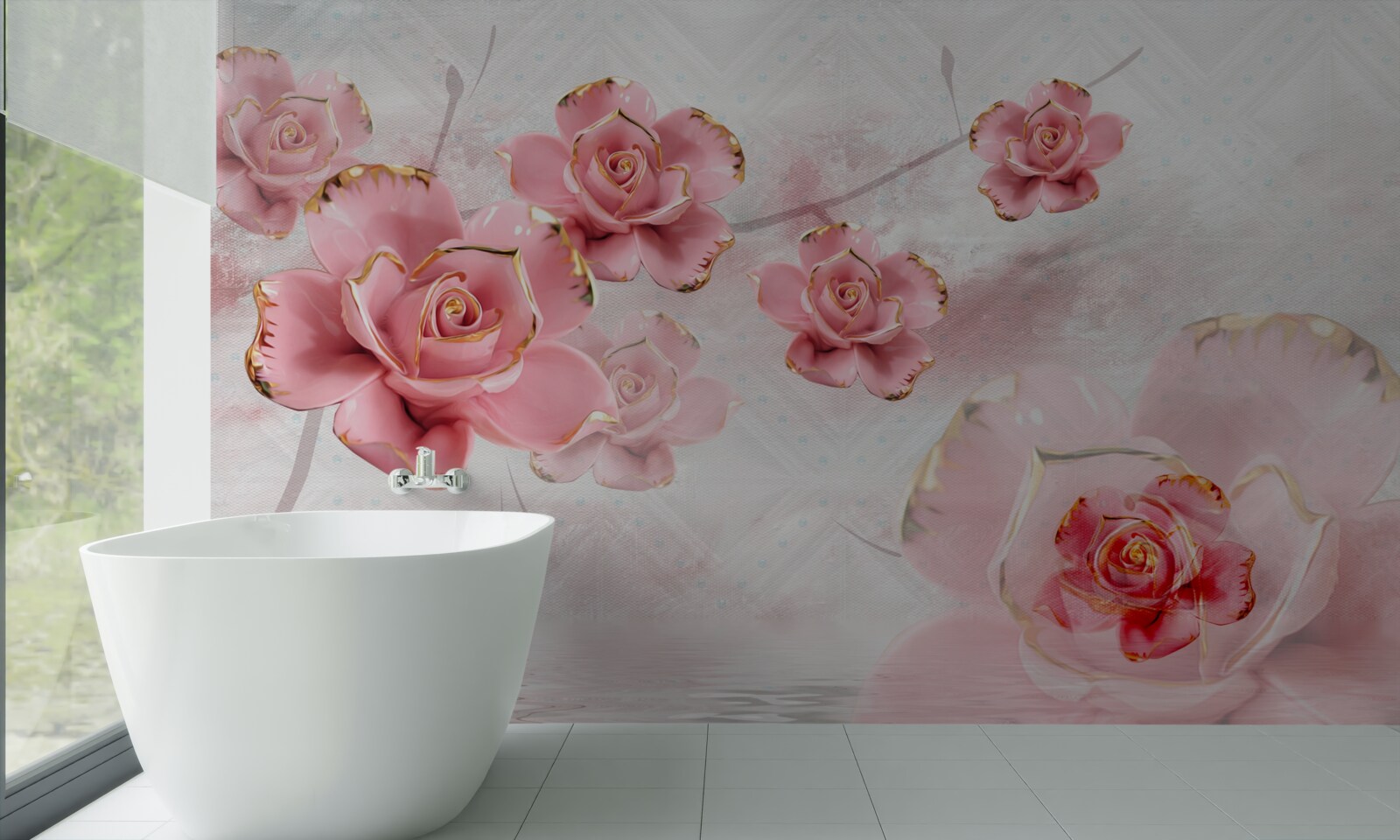 Papier peint roses avec bordures en or rose