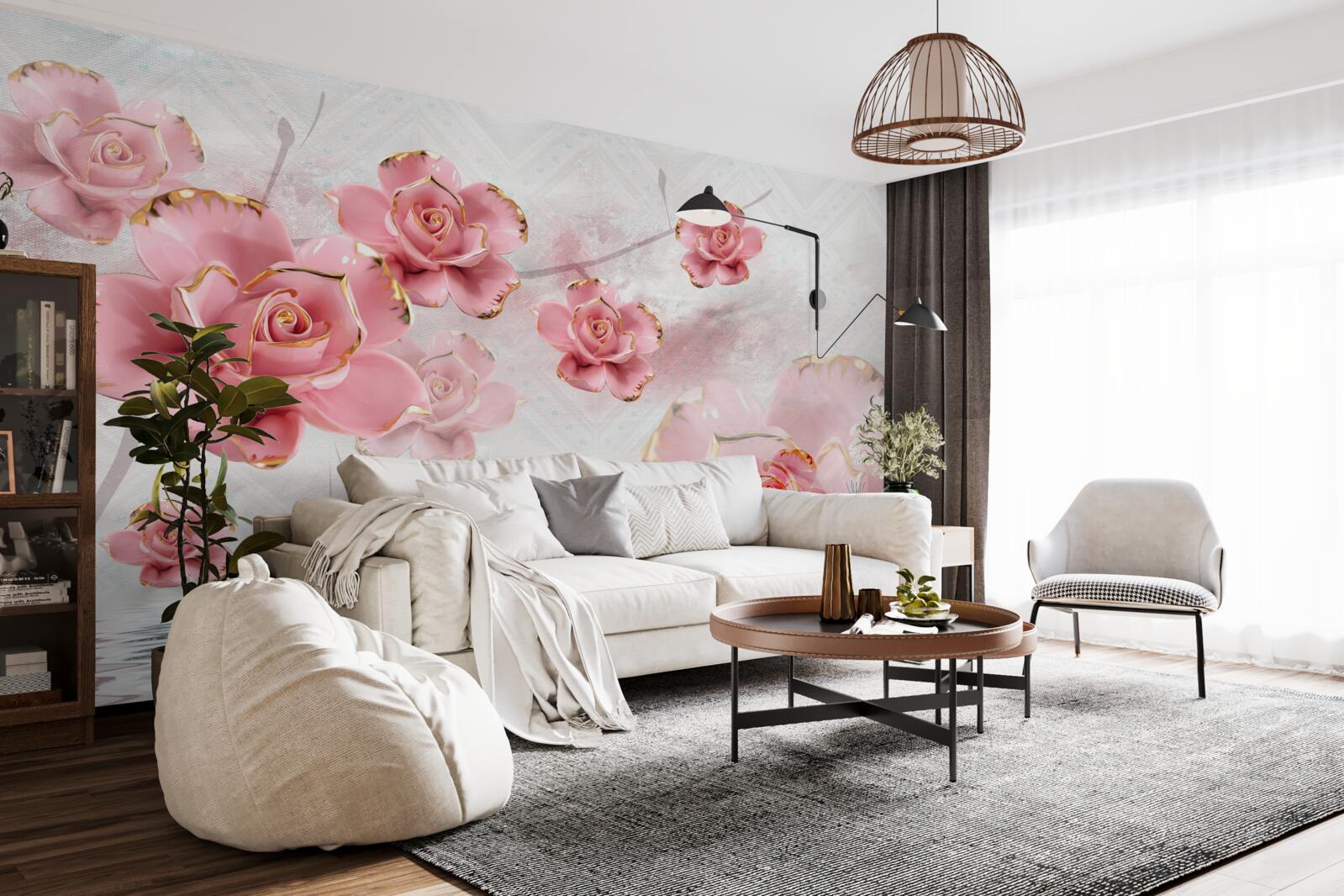 Papier peint roses avec bordures en or rose