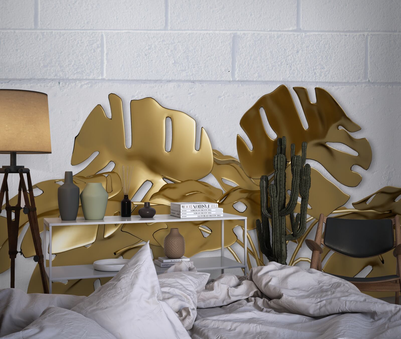 Papier peint Feuilles de cuivre tropicales sur la surface d'une brique