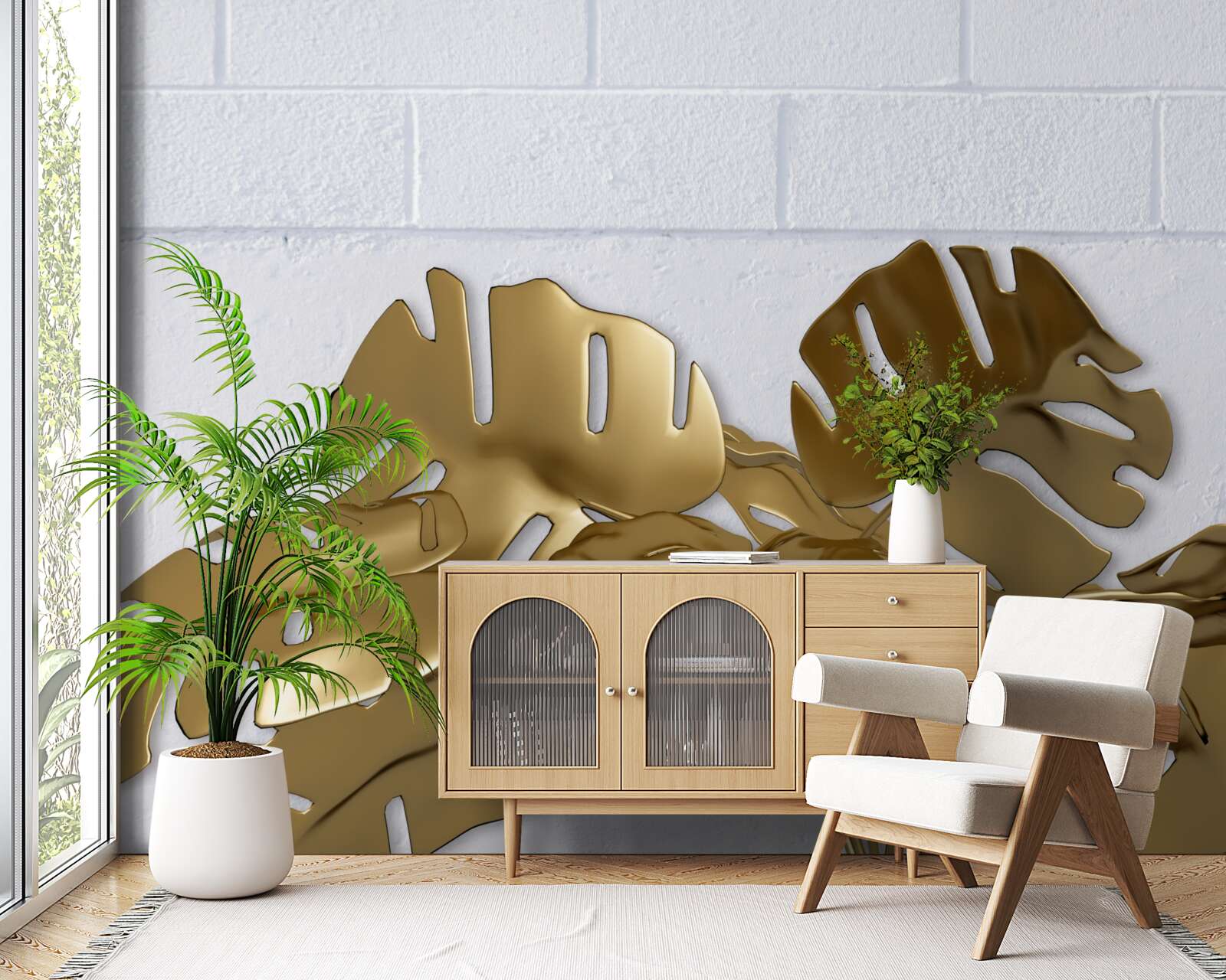 Papier peint Feuilles de cuivre tropicales sur la surface d'une brique