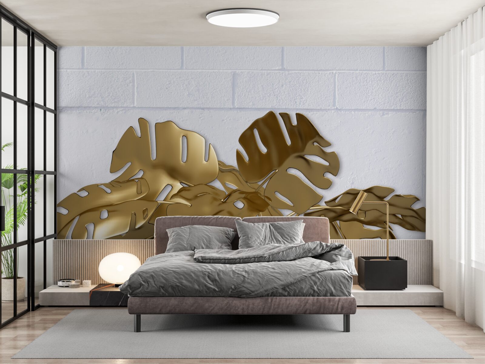 Papier peint Feuilles de cuivre tropicales sur la surface d'une brique