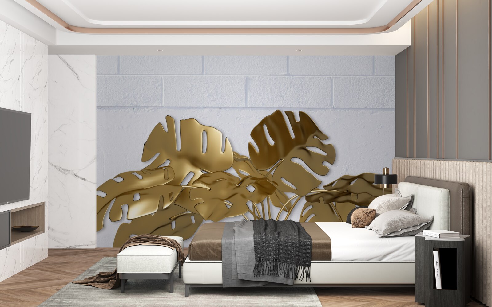 Papier peint Feuilles de cuivre tropicales sur la surface d'une brique