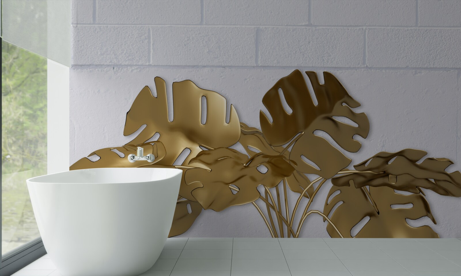 Papier peint Feuilles de cuivre tropicales sur la surface d'une brique