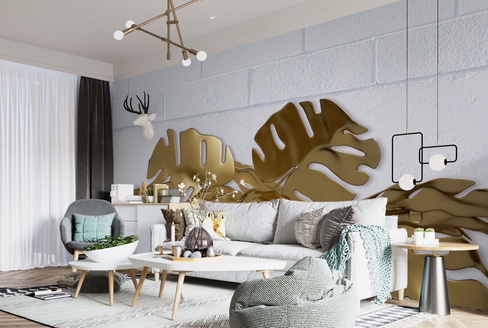 Papier peint Feuilles de cuivre tropicales sur la surface d'une brique