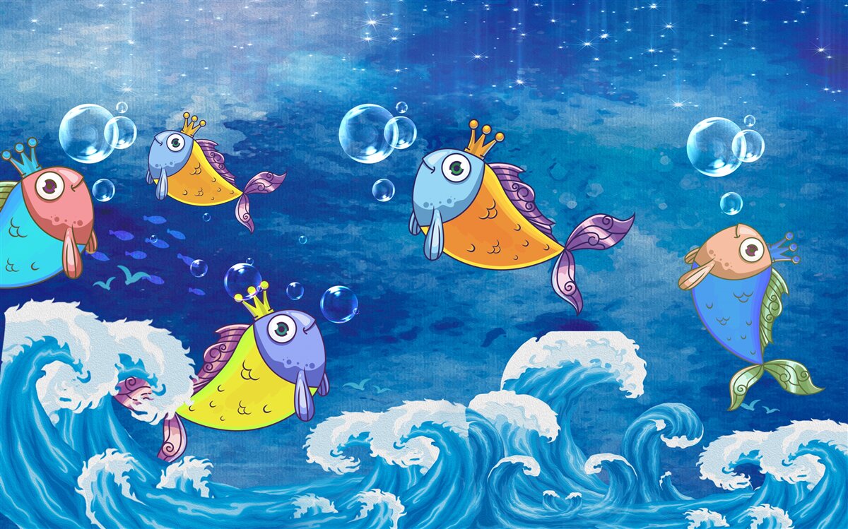 Papier peint poissons animés avec des diadèmes royaux