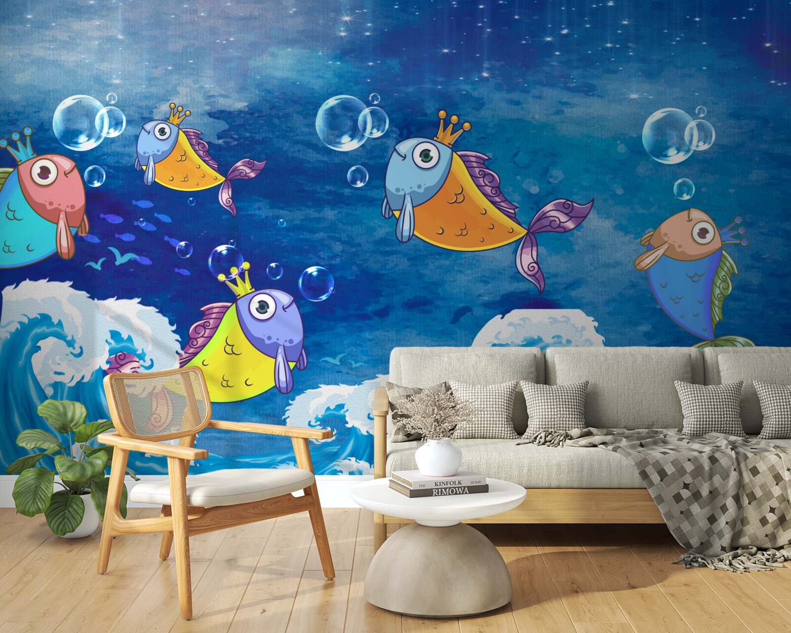 Papier peint poissons animés avec des diadèmes royaux