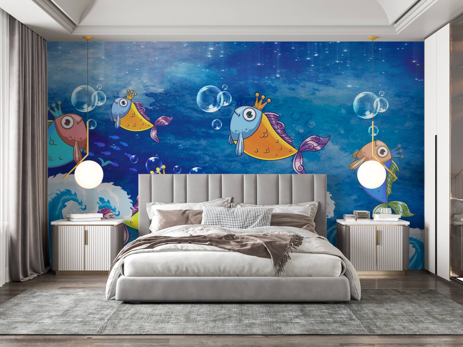 Papier peint poissons animés avec des diadèmes royaux