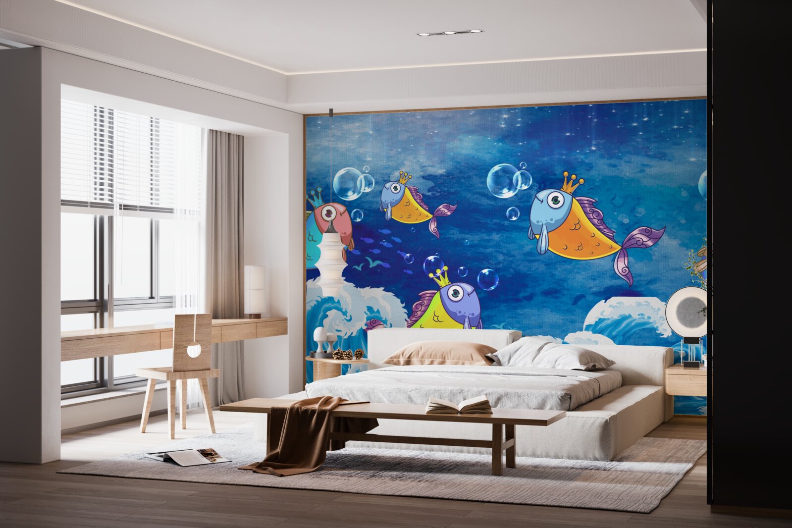 Papier peint poissons animés avec des diadèmes royaux