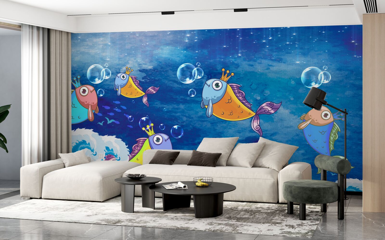 Papier peint poissons animés avec des diadèmes royaux