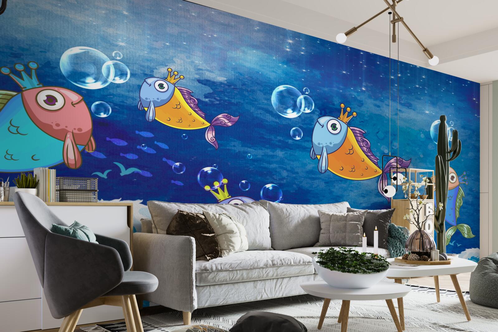 Papier peint poissons animés avec des diadèmes royaux