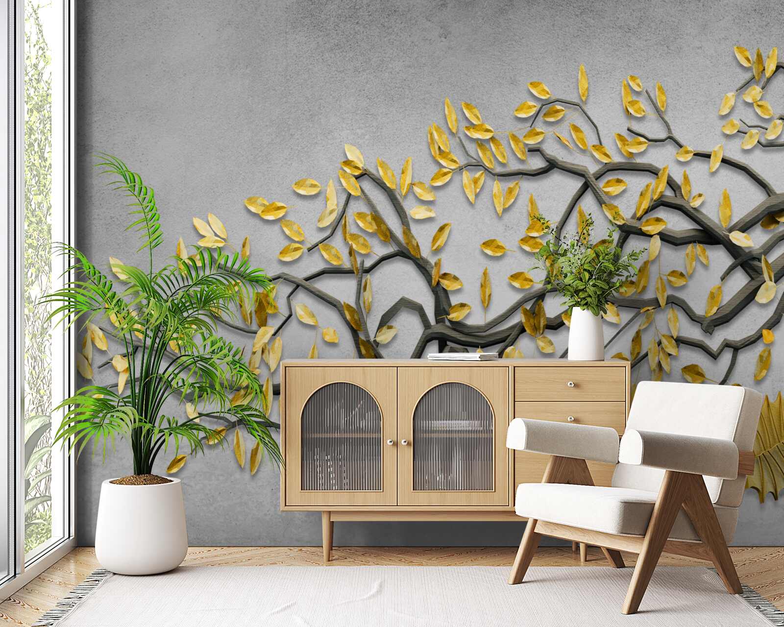 Papier peint branche avec feuilles d'automne dorées