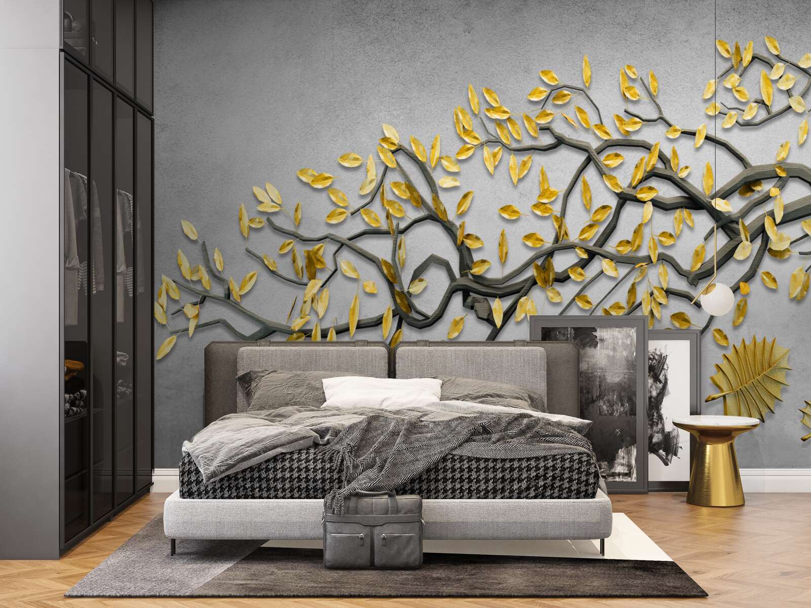 Papier peint branche avec feuilles d'automne dorées