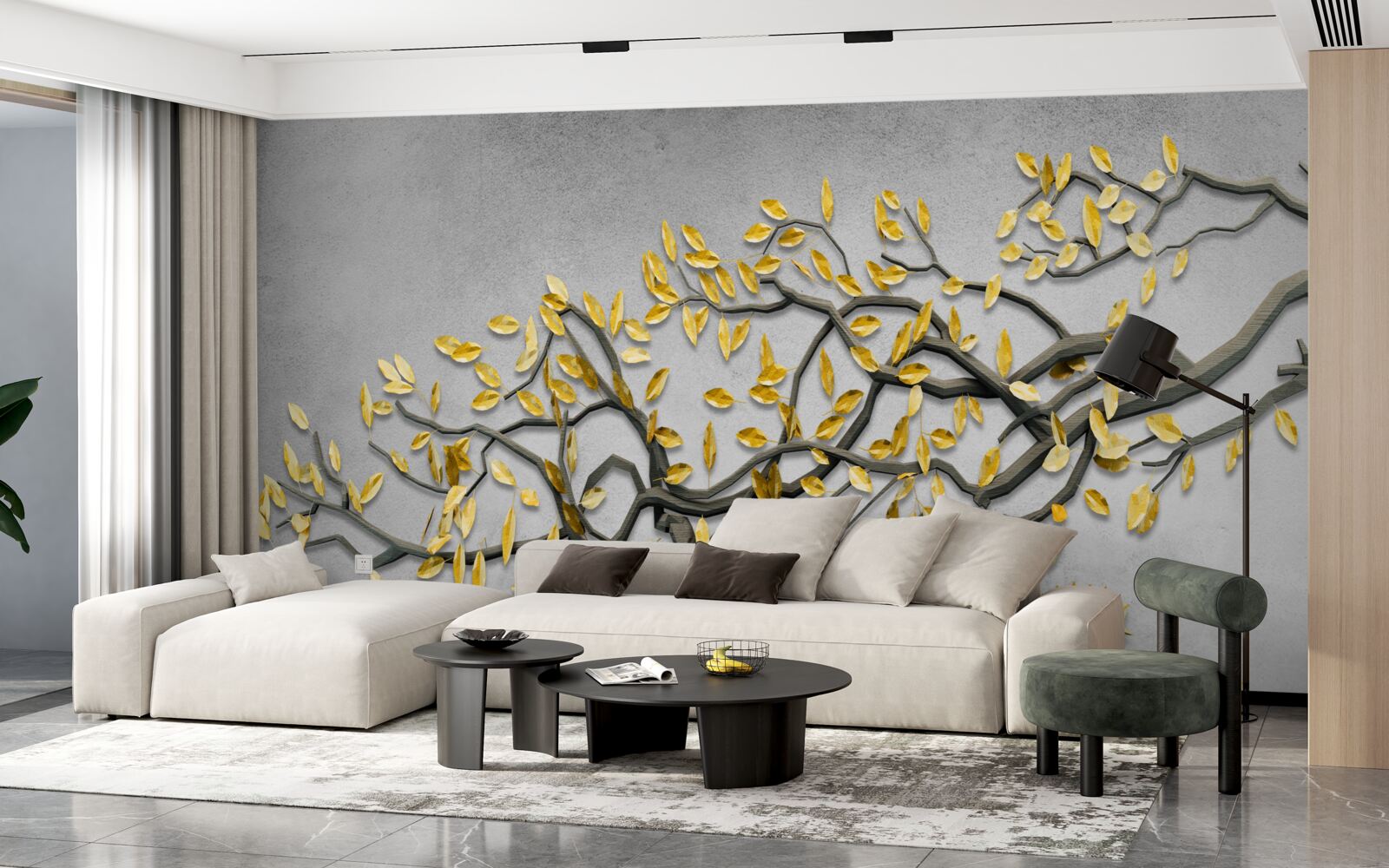 Papier peint branche avec feuilles d'automne dorées