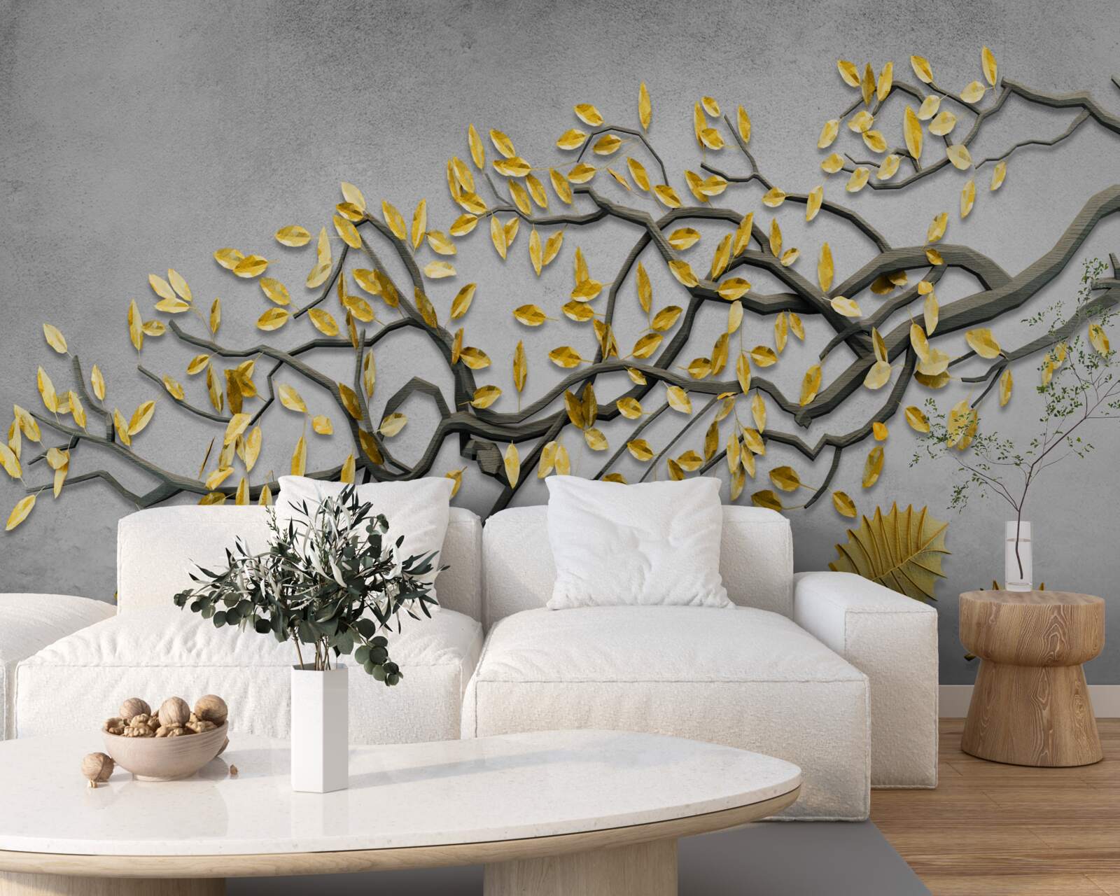 Papier peint branche avec feuilles d'automne dorées