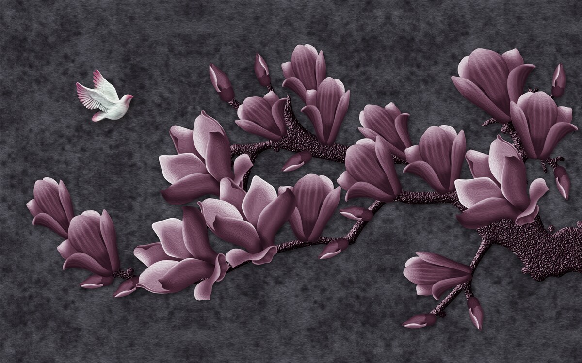 Papier peint teinte lilas de l'oiseau et du magnolia
