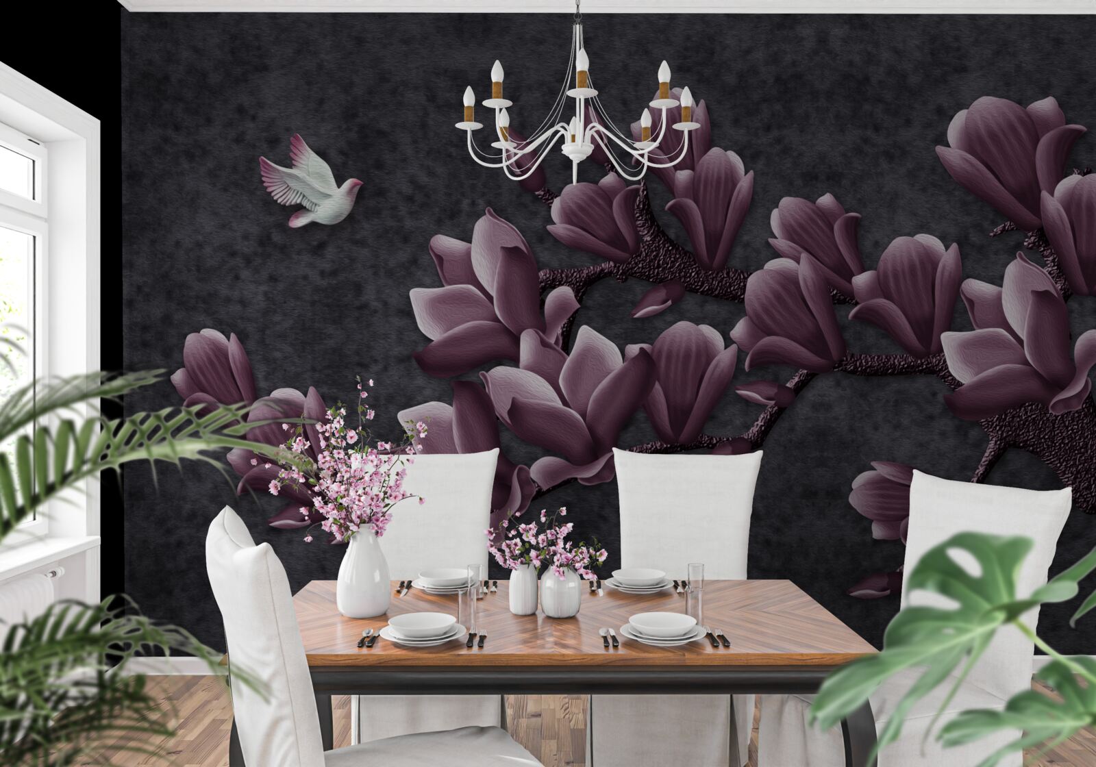 Papier peint teinte lilas de l'oiseau et du magnolia