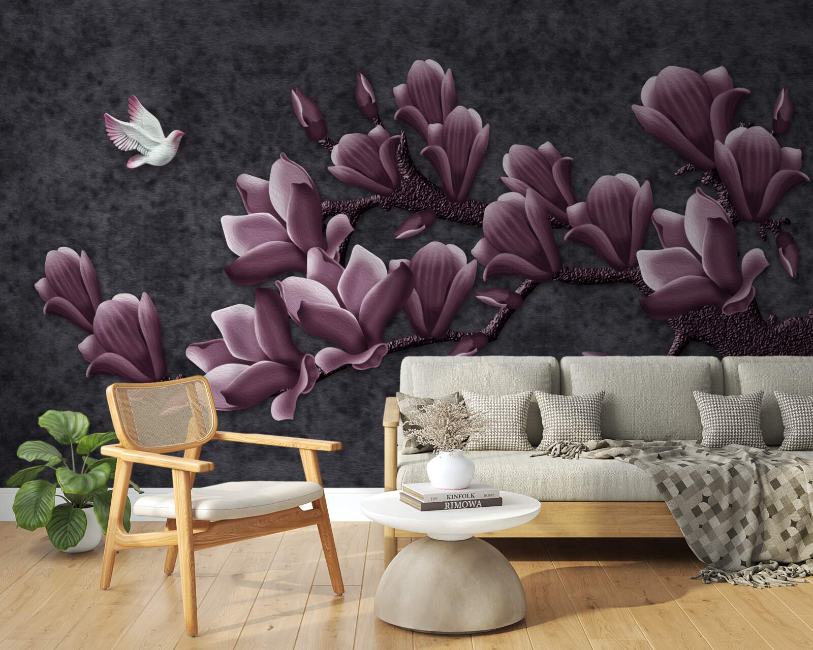 Papier peint teinte lilas de l'oiseau et du magnolia