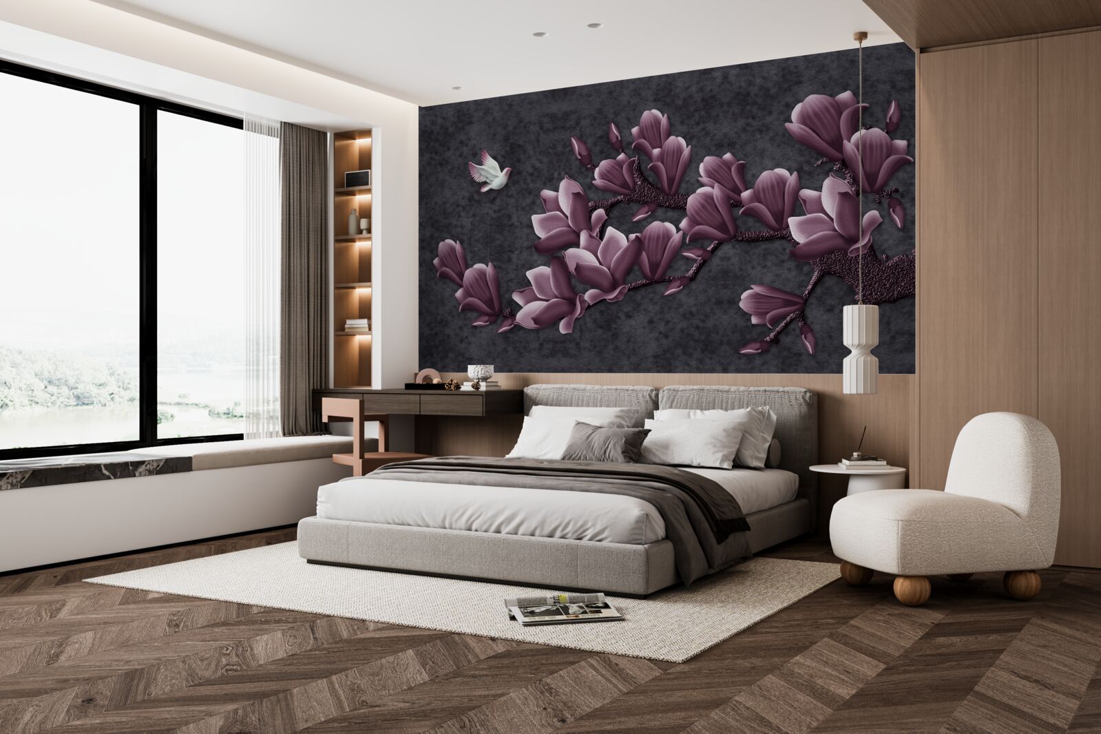 Papier peint teinte lilas de l'oiseau et du magnolia