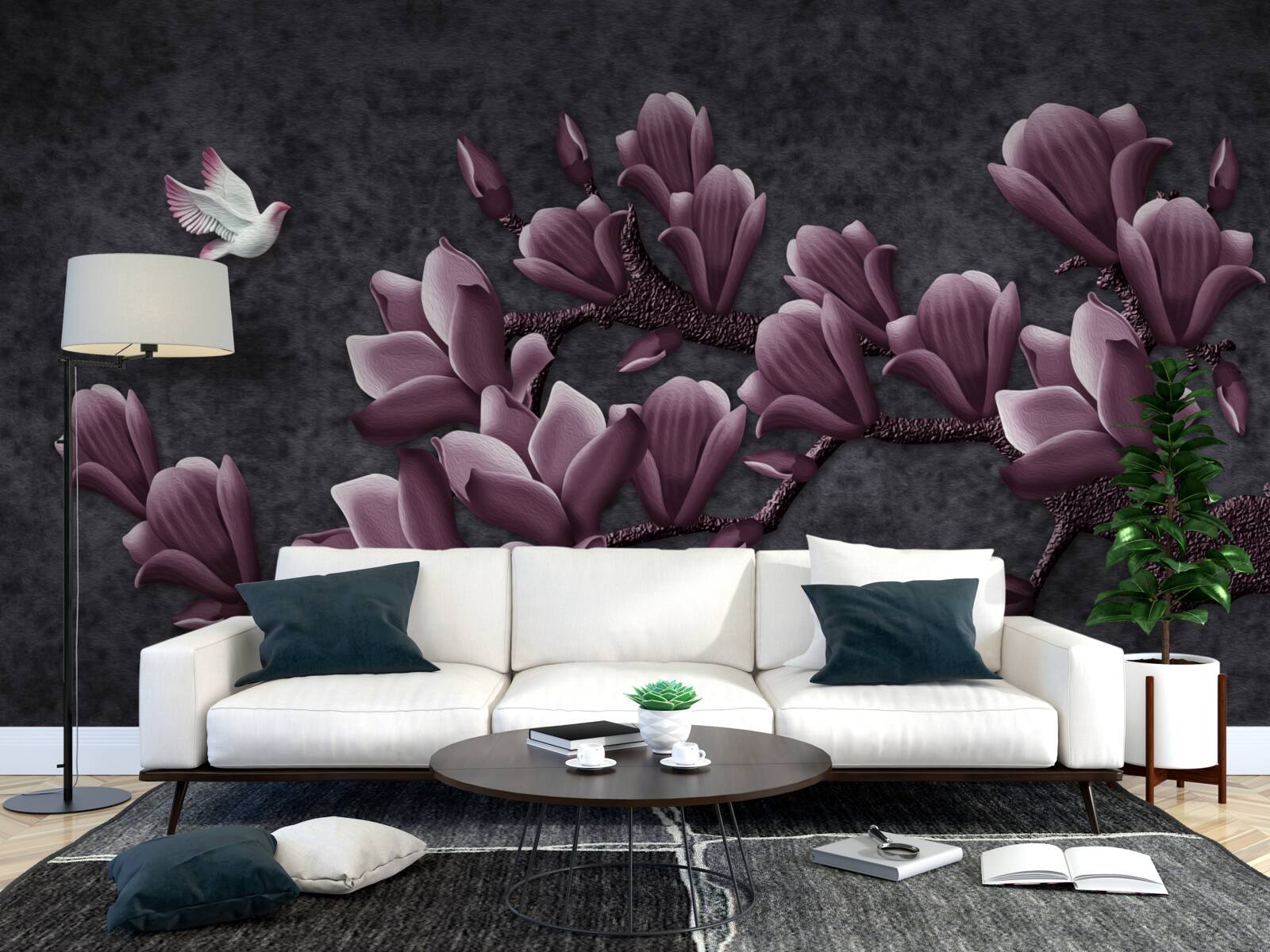 Papier peint teinte lilas de l'oiseau et du magnolia