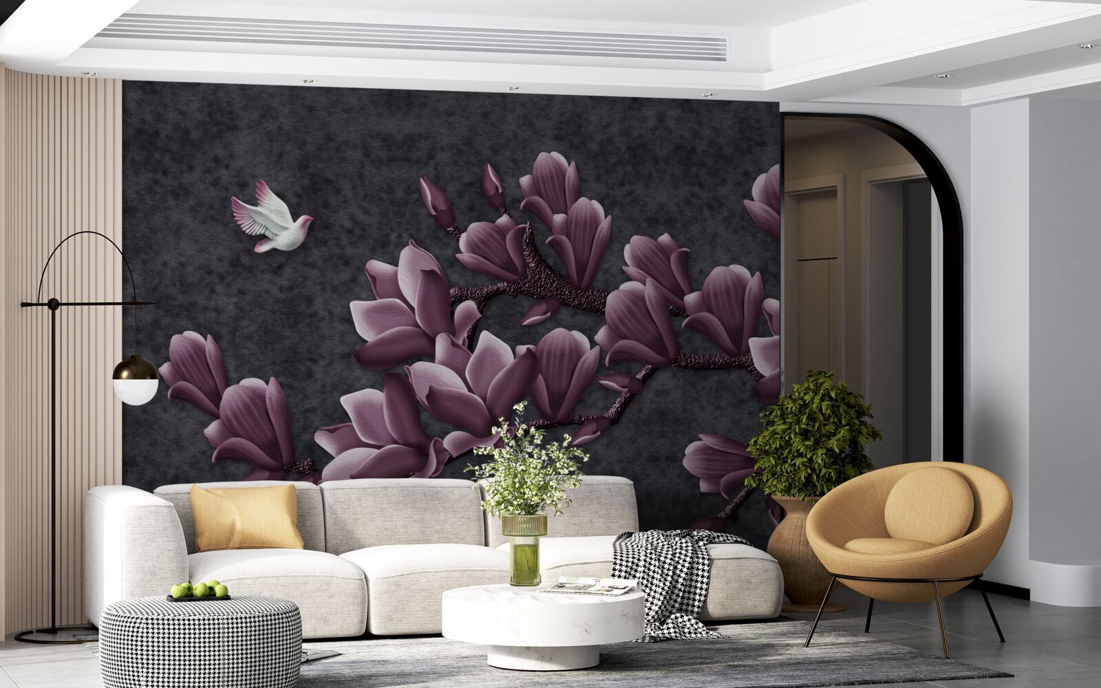 Papier peint teinte lilas de l'oiseau et du magnolia