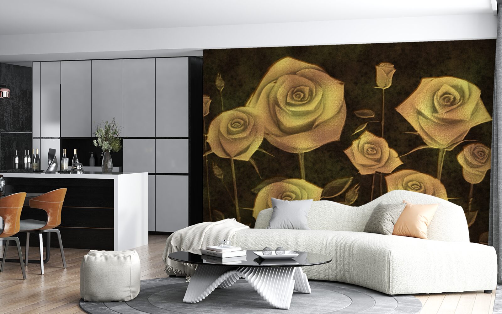 Papier peint sur un fond marron, un bouton de rose blanc