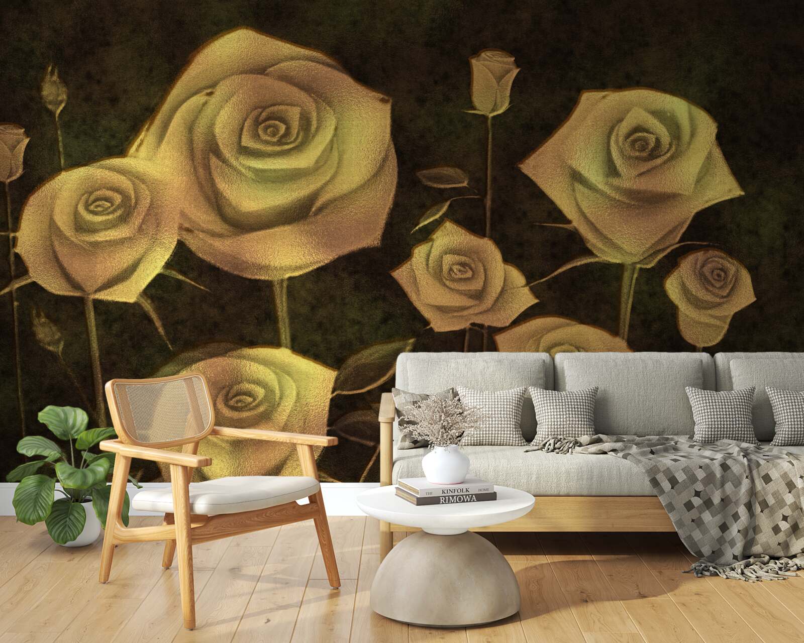 Papier peint sur un fond marron, un bouton de rose blanc