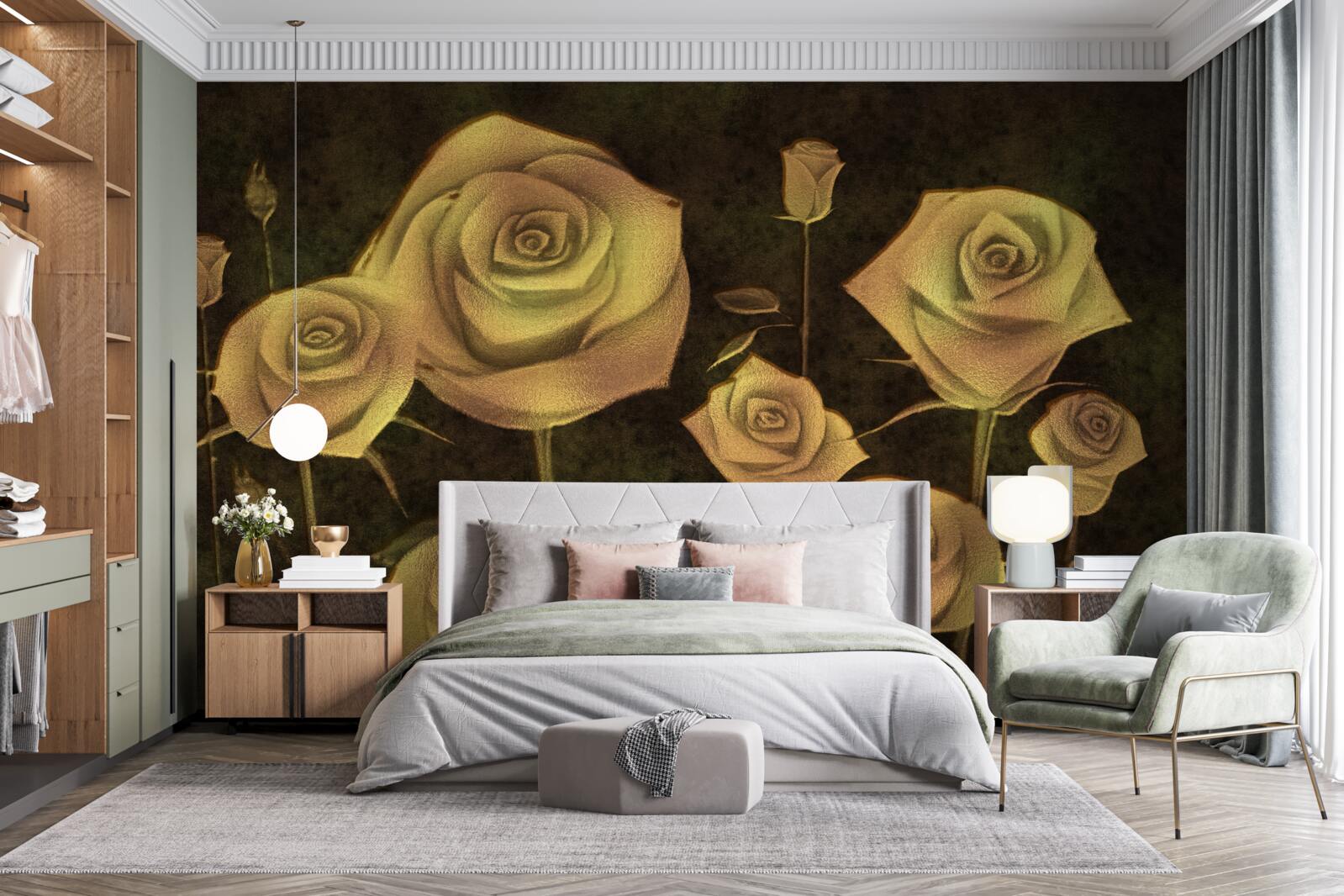 Papier peint sur un fond marron, un bouton de rose blanc