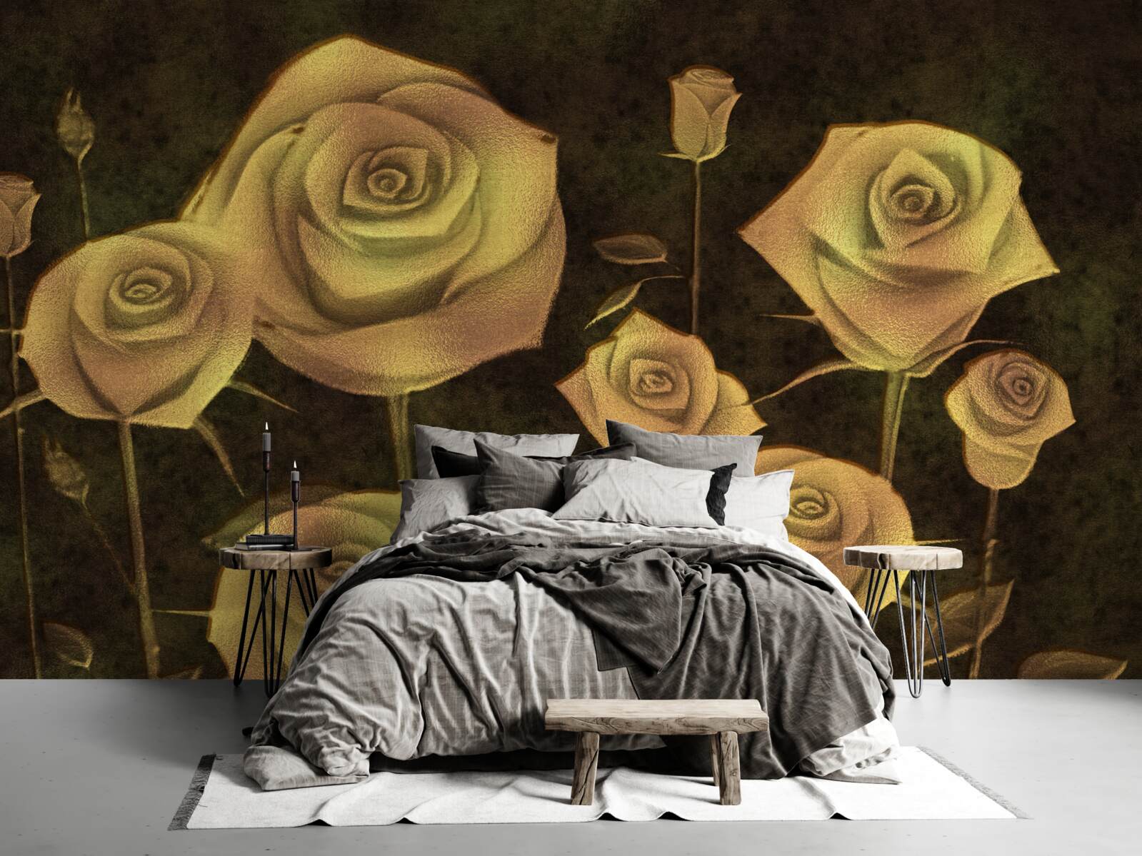 Papier peint sur un fond marron, un bouton de rose blanc