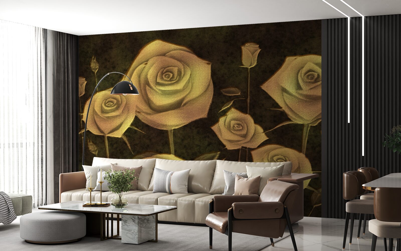 Papier peint sur un fond marron, un bouton de rose blanc