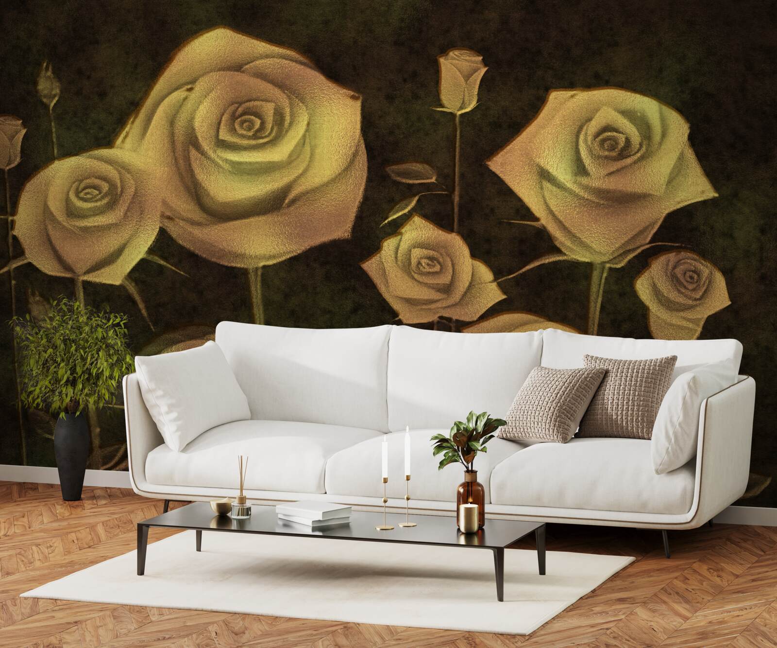 Papier peint sur un fond marron, un bouton de rose blanc