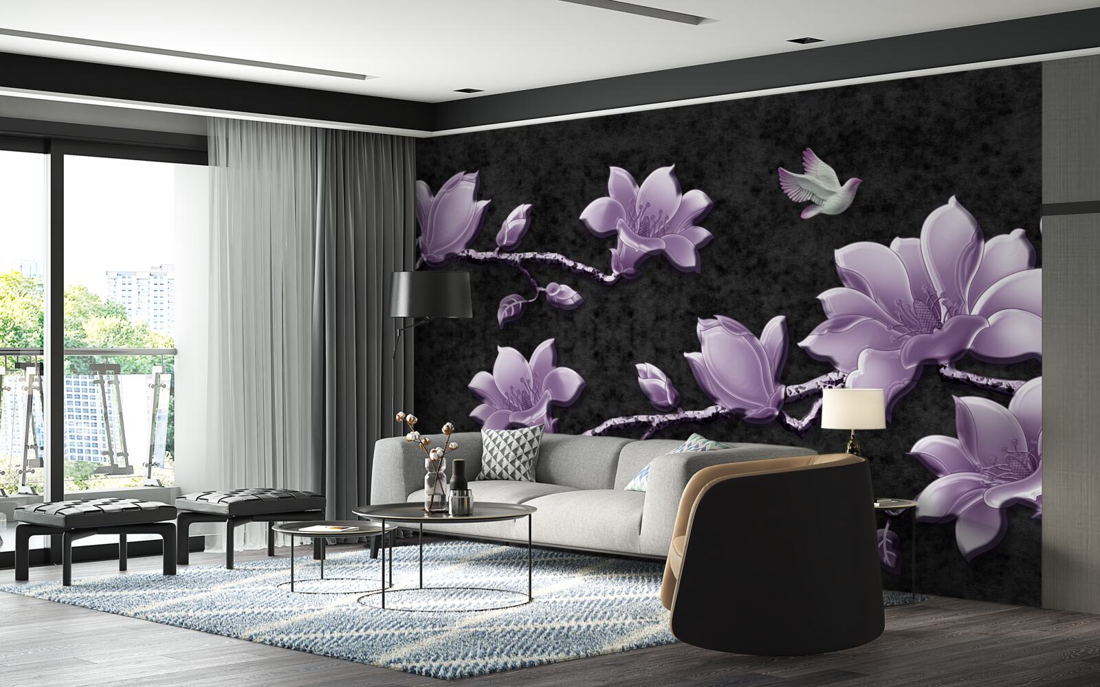 Papier peint de délicates branches de magnolia de couleur lilas