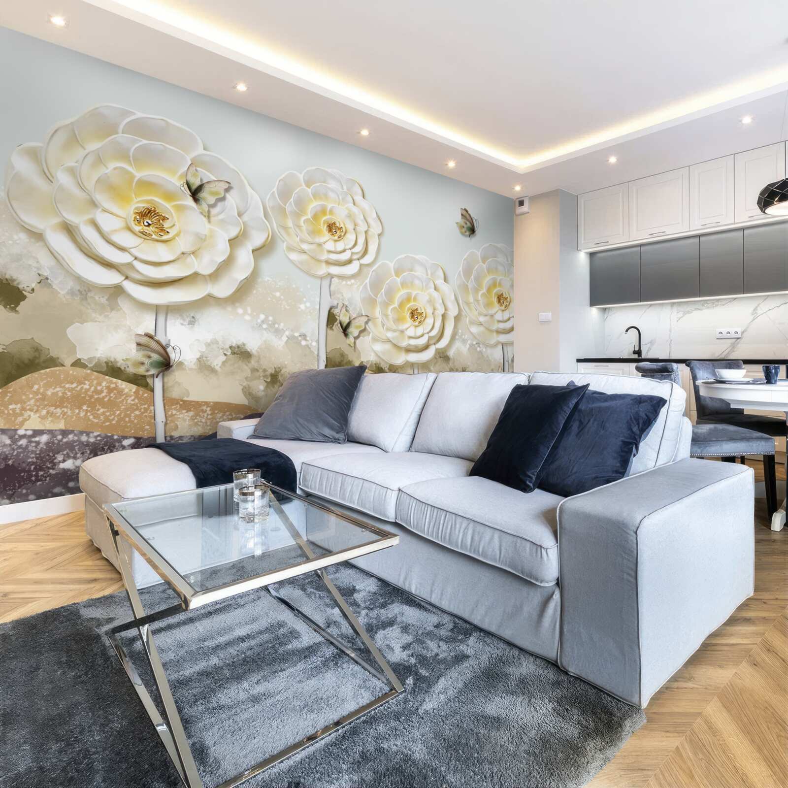 Papier peint les papillons volent près des énormes bourgeons crémeux