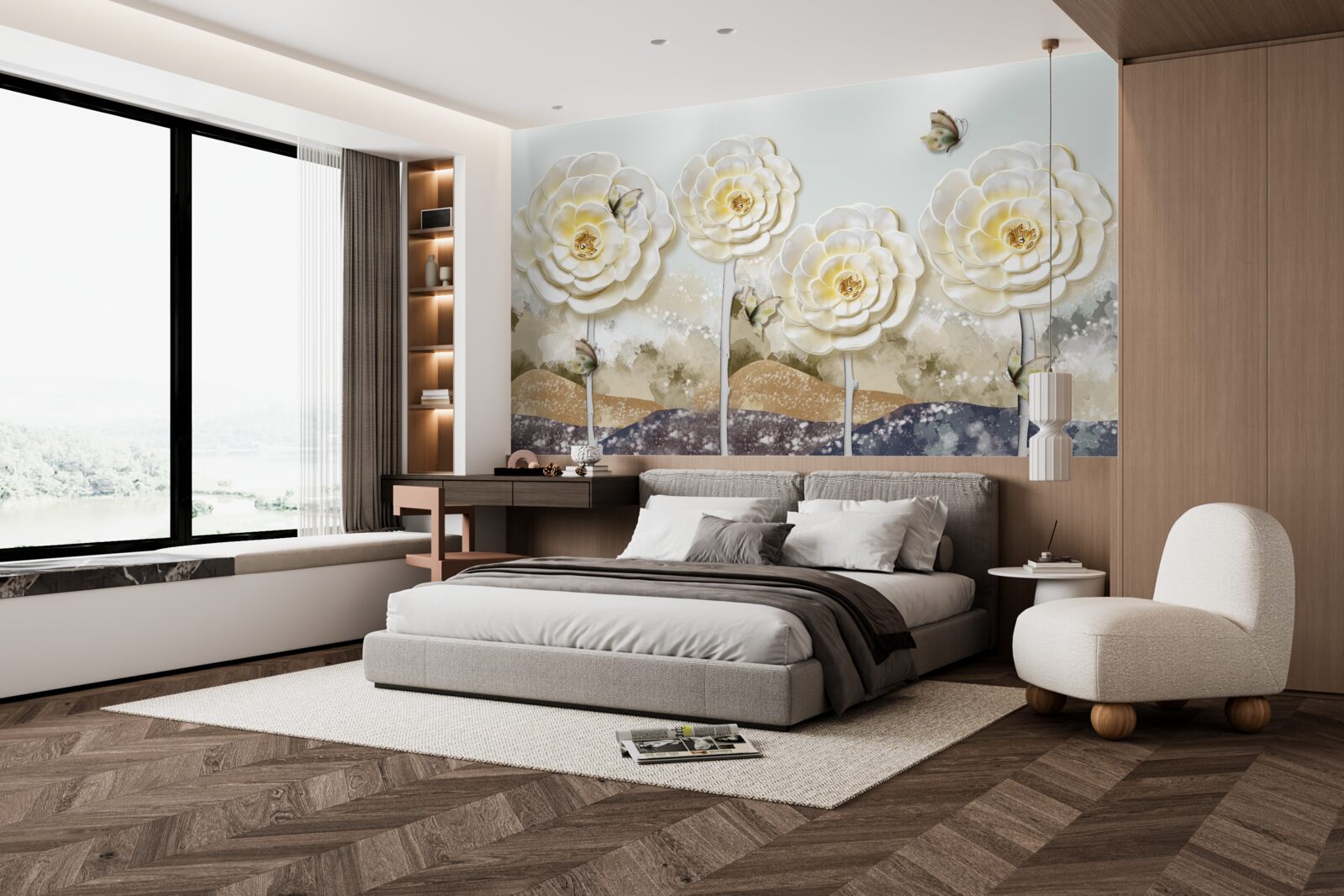 Papier peint les papillons volent près des énormes bourgeons crémeux