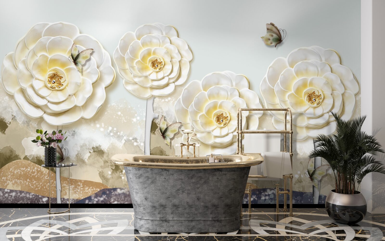 Papier peint les papillons volent près des énormes bourgeons crémeux