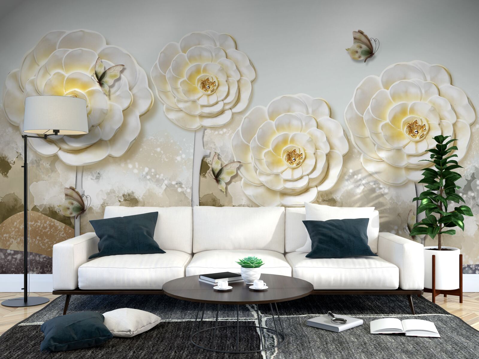 Papier peint les papillons volent près des énormes bourgeons crémeux