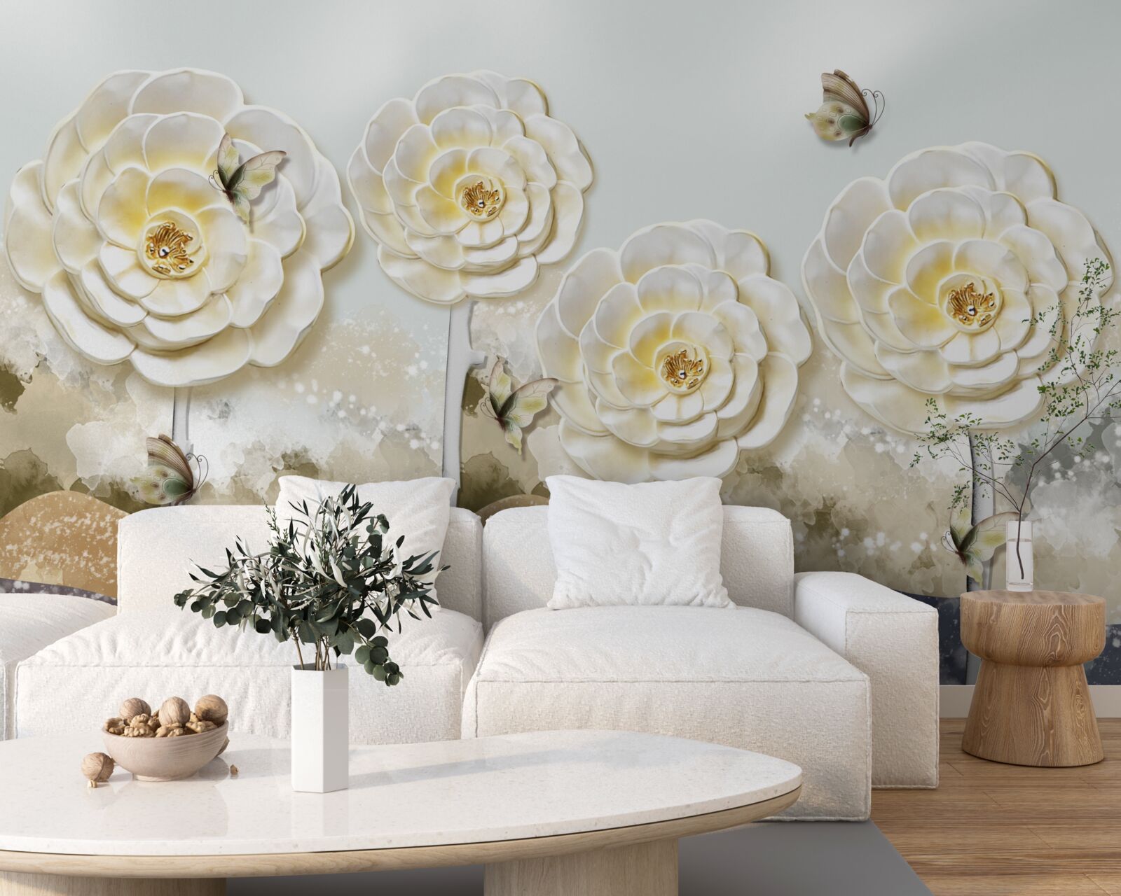 Papier peint les papillons volent près des énormes bourgeons crémeux