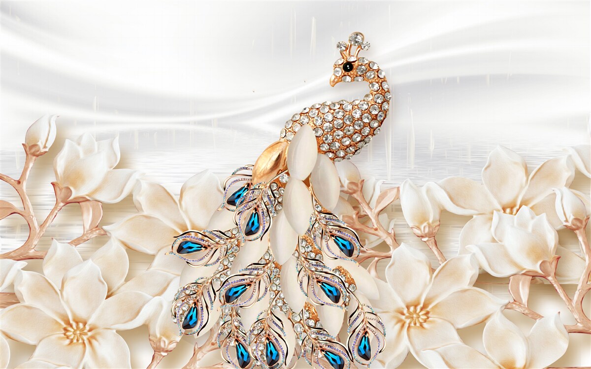 Papier peint paon doré sur fond de fleurs blanches