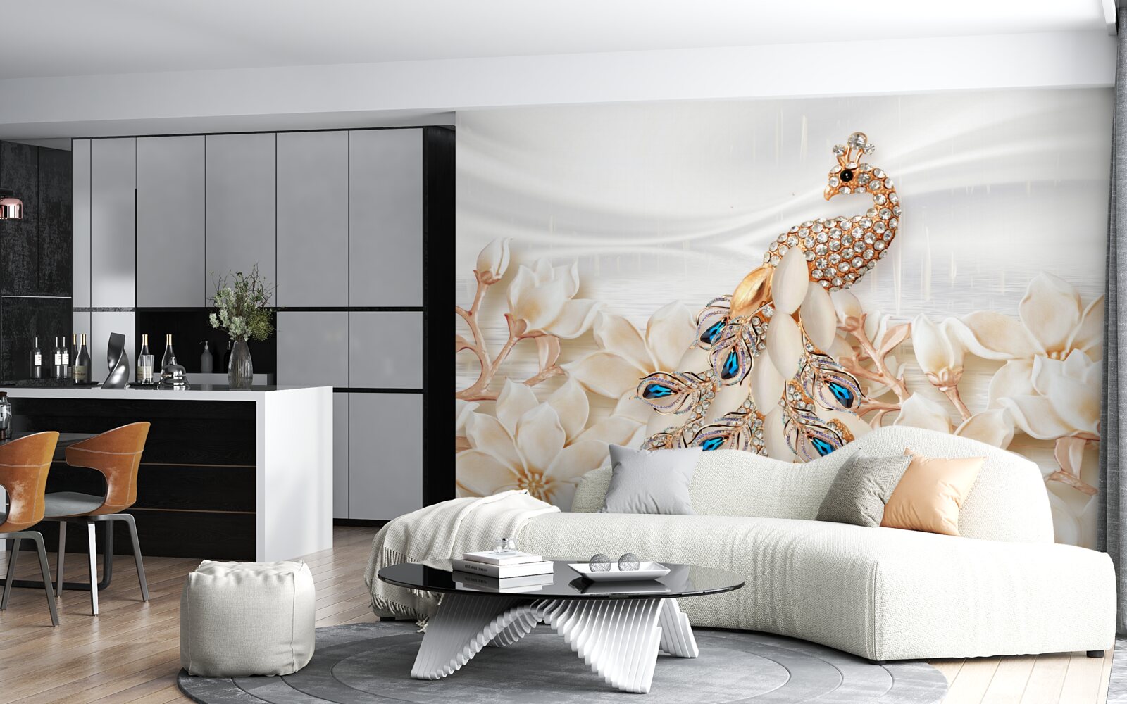 Papier peint paon doré sur fond de fleurs blanches