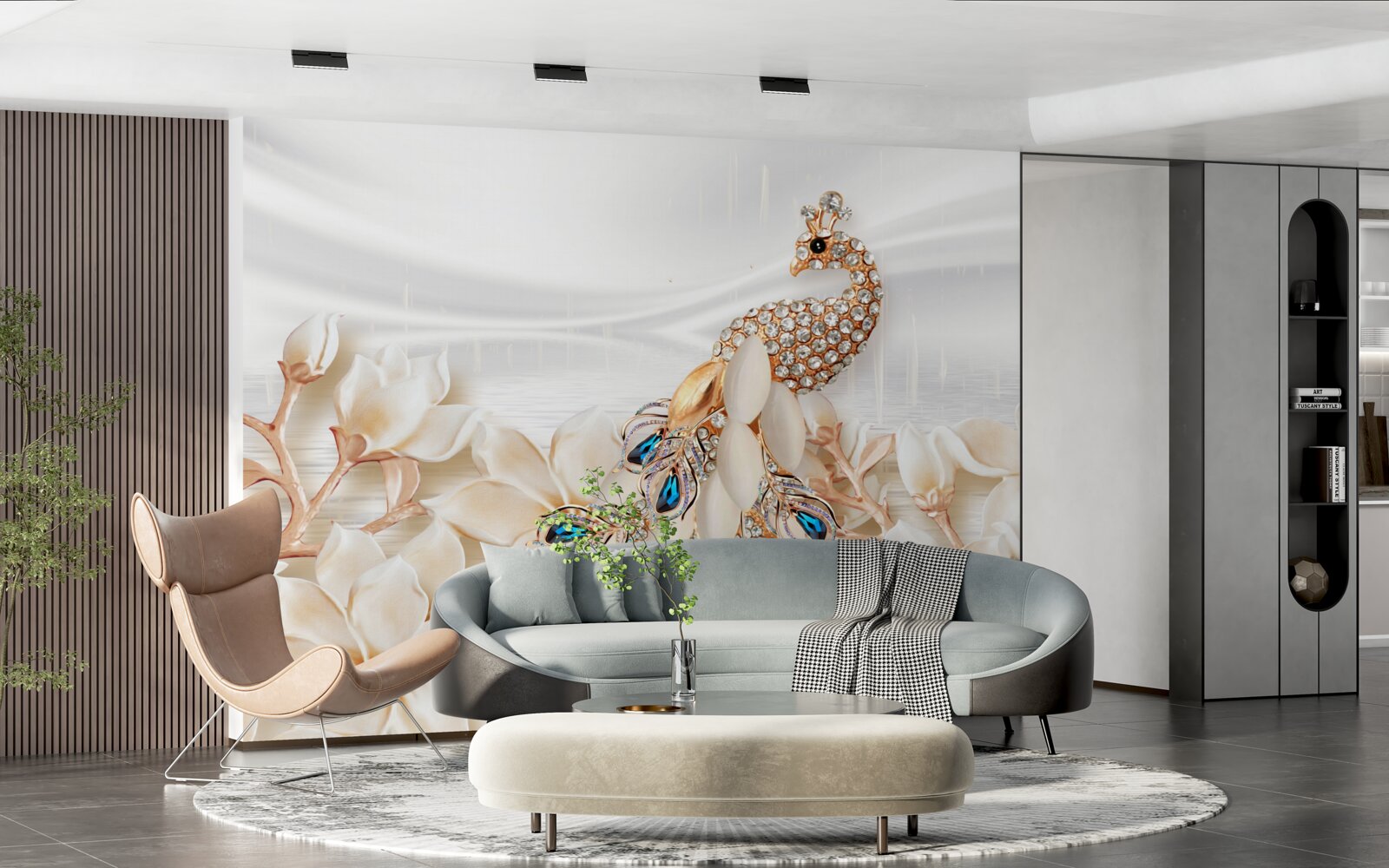 Papier peint paon doré sur fond de fleurs blanches