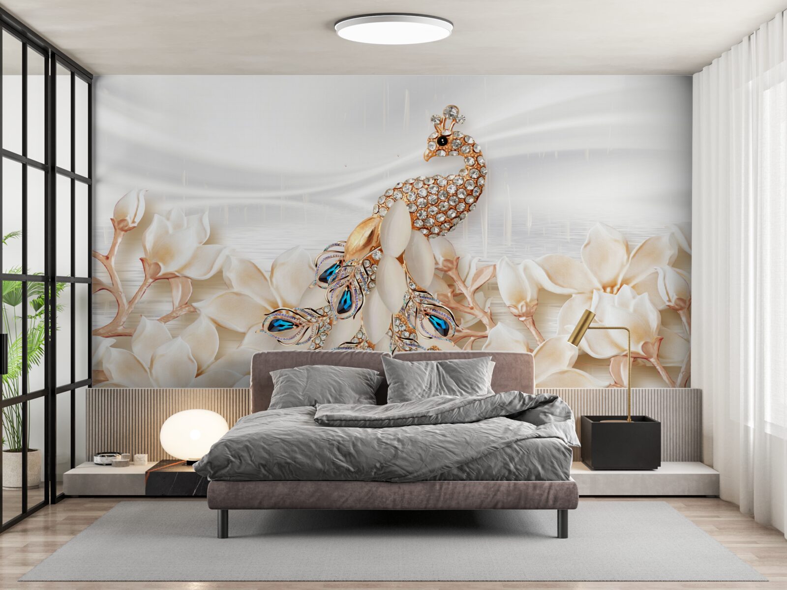 Papier peint paon doré sur fond de fleurs blanches